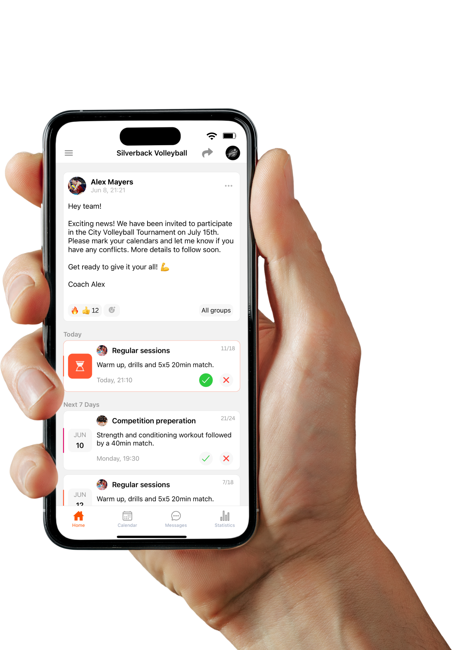 Teamcheck app showing the team schedule with attendance check-ins
