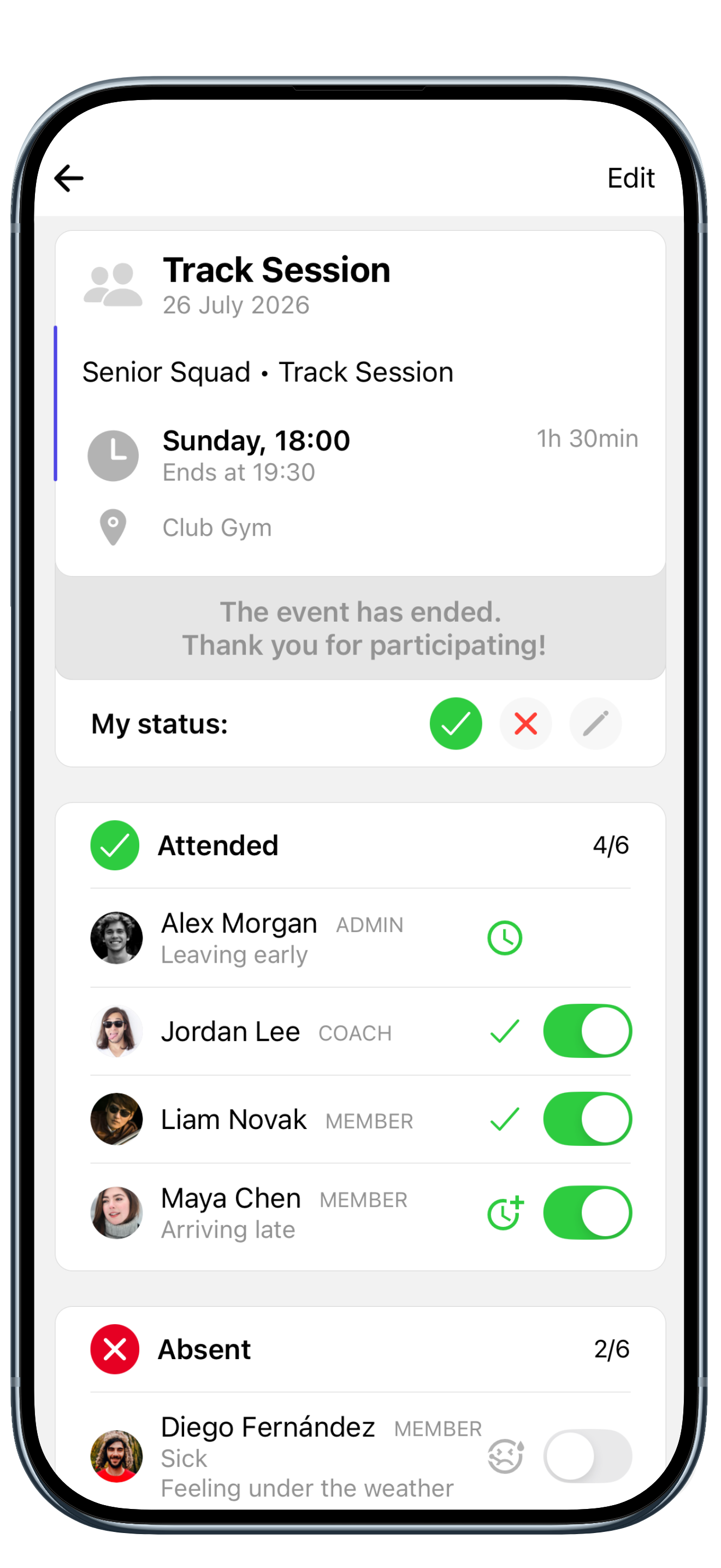 The TeamCheck attendance screen listing who attended a track session