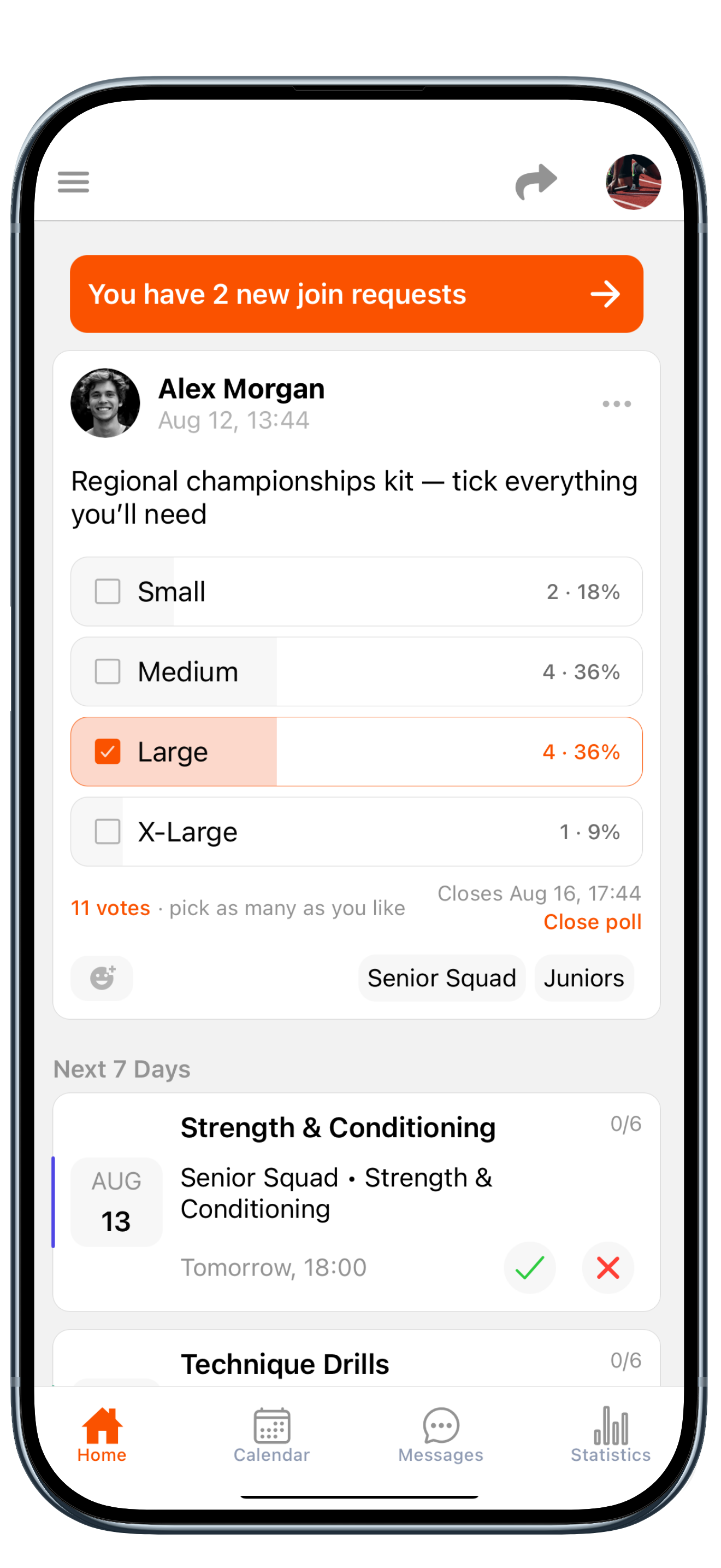 The TeamCheck home screen showing a team poll and the next seven days of sessions